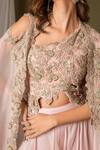 Pds By Sneha_Pink Organza Embroidery Floral Blouse One Shoulder Cape Lehenga Set  _Online_at_Aza_Fashions