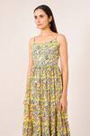 Pheeta_Yellow Cotton Printed Floral Round Tiered Dress_at_Aza_Fashions