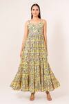 Buy_Pheeta_Yellow Cotton Printed Floral Round Tiered Dress_Online_at_Aza_Fashions
