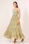 Shop_Pheeta_Yellow Cotton Printed Floral Round Tiered Dress_Online_at_Aza_Fashions