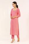Buy_Pheeta_Peach Cotton Hand Printed Floral Notched Kurta And Pant Set For Women_Online_at_Aza_Fashions