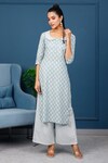 Buy_Pheeta_Grey Cotton Printed Floral Peter Pan Collar Straight Kurta And Set _Online_at_Aza_Fashions