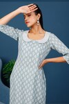 Shop_Pheeta_Grey Cotton Printed Floral Peter Pan Collar Straight Kurta And Set _Online_at_Aza_Fashions