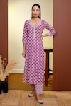 Pheeta_Pink Cotton Printed Striped Round Floral Hand Kurta And Pant Set _Online_at_Aza_Fashions