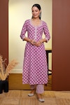 Buy_Pheeta_Pink Cotton Printed Striped Round Floral Hand Kurta And Pant Set _Online_at_Aza_Fashions