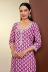 Pheeta_Pink Cotton Printed Striped Round Floral Hand Kurta And Pant Set _at_Aza_Fashions