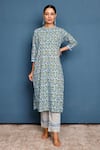 Pheeta_Blue Cotton Printed Flower Mandarin Collar Kurta And Pant Set _Online_at_Aza_Fashions