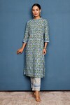 Shop_Pheeta_Blue Cotton Printed Flower Mandarin Collar Kurta And Pant Set _Online_at_Aza_Fashions