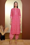Pheeta_Pink Cotton Printed Paisley Mandarin Kurta And Pant Set _Online_at_Aza_Fashions