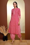 Buy_Pheeta_Pink Cotton Printed Paisley Mandarin Kurta And Pant Set _Online_at_Aza_Fashions