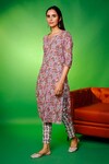 Pheeta_Pink Cotton Printed Hand Block Notched Floral Pattern Kurta And Pant Set _Online_at_Aza_Fashions