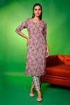 Pheeta_Pink Cotton Printed Hand Block Notched Floral Pattern Kurta And Pant Set _at_Aza_Fashions