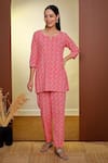 Pheeta_Peach Cotton Printed Bandhani Notched Chevron Top And Pant Set For Women_Online_at_Aza_Fashions