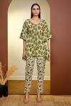 Pheeta_Green Cotton Printed Leaf V Neck Kaftan And Pant Set _Online_at_Aza_Fashions