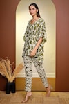 Shop_Pheeta_Green Cotton Printed Leaf V Neck Kaftan And Pant Set _Online_at_Aza_Fashions