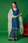 Pheeta_Blue Rayon Printed Floral Leaf Neck Overlap Anarkali Sharara Set_Online_at_Aza_Fashions