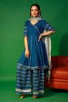 Buy_Pheeta_Blue Rayon Printed Floral Leaf Neck Overlap Anarkali Sharara Set_Online_at_Aza_Fashions