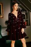 Shop_Priyanka Jain_Wine Velvet Lining Shantoon Stones And Cutdana V Neck Embellished Dress _at_Aza_Fashions