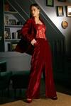 Buy_Priyanka Jain_Red Velvet Lining Shantoon Blazer Lapel Collar And Corset & Pant Set _Online_at_Aza_Fashions