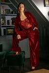 Shop_Priyanka Jain_Red Velvet Lining Shantoon Blazer Lapel Collar And Corset & Pant Set _Online_at_Aza_Fashions