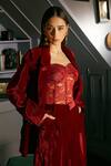 Priyanka Jain_Red Velvet Lining Shantoon Blazer Lapel Collar And Corset & Pant Set _at_Aza_Fashions