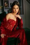 Shop_Priyanka Jain_Red Velvet Lining Shantoon Blazer Lapel Collar And Corset & Pant Set _at_Aza_Fashions