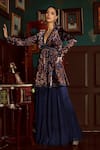 Priyanka Jain_Blue Velvet Lining Shantoon Abstract Print, Sequin And Peplum Kurta Sharara Set _at_Aza_Fashions
