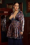 Shop_Priyanka Jain_Blue Velvet Lining Shantoon Abstract Print, Sequin And Peplum Kurta Sharara Set _at_Aza_Fashions