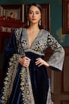 Buy_Priyanka Jain_Blue Velvet Lining Shantoon Embroidery Aari Work And Sequin V Kurta Palazzo Set_Online_at_Aza_Fashions