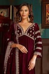 Shop_Priyanka Jain_Wine Velvet Lining Shantoon Embroidery Aari Work And Sequin V Neck Kurta Set _at_Aza_Fashions