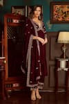 Buy_Priyanka Jain_Wine Velvet Lining Shantoon Embroidery Aari Work And Sequin V Neck Kurta Set _Online_at_Aza_Fashions