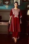 Buy_Priyanka Jain_Red Velvet Lining Shantoon Aari Work And Sequin Embroidered Kurta & Palazzo Set _Online_at_Aza_Fashions