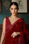 Shop_Priyanka Jain_Red Velvet Lining Shantoon Print And Embroidery Pre-draped Saree With Blouse _at_Aza_Fashions