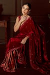 Buy_Priyanka Jain_Red Velvet Lining Shantoon Print And Embroidery Pre-draped Saree With Blouse _Online_at_Aza_Fashions