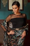 Shop_Priyanka Jain_Black Velvet Lining Shantoon Print And Pre-stitched Saree With Bodysuit Blouse _at_Aza_Fashions