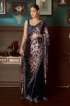 Buy_Priyanka Jain_Blue Velvet Lining Shantoon Print And Embroidery Pre-draped Saree With Blouse _Online_at_Aza_Fashions