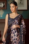 Shop_Priyanka Jain_Blue Velvet Lining Shantoon Print And Embroidery Pre-draped Saree With Blouse _Online_at_Aza_Fashions