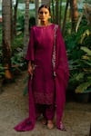 LABEL SHRISTI CHETANI_Pink Dola Silk Hand Embroidered Boat Neck A-line Kurta Set _Online_at_Aza_Fashions