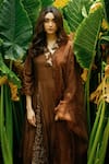 LABEL SHRISTI CHETANI_Brown Dola Silk Hand Embroidered V Neck A-line Kurta Set _Online_at_Aza_Fashions