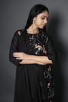 Shop_Kameez_Black Chanderi, Cotton, Kota Doria Embroidery, Olive Branch Print Kurta Pant Set _Online_at_Aza_Fashions