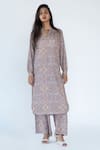 Nikita Vishakha_Grey Silk Printed Floral V Neck Kurta And Palazzo Set _Online_at_Aza_Fashions