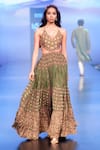 Punit Balana_Green Satin Silk Coin And Resham Work Yoke Tiered Dress_Online_at_Aza_Fashions