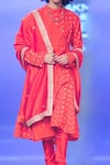 Punit Balana_Red Linen Bandhani Print Angarkha Kurta Set With Dushala_Online_at_Aza_Fashions