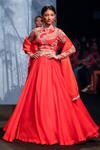 Shop_Bhumika Sharma_Red Organza Embroidery Round Neck Ambi Pattern Waistband Lehenga Set _at_Aza_Fashions