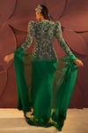 Parul and Preyanka_Emerald Green Tulle Embroidery Verte Peplum Jacket Draped Skirt Set  _Online_at_Aza_Fashions