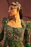 Parul and Preyanka_Emerald Green Tulle Embroidery Verte Peplum Jacket Draped Skirt Set  _at_Aza_Fashions