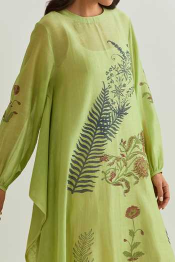 Prama By Pratima Pandey_Green Chanderi Embroidery Round Neck Floral Print Dress With Inner _Online_at_Aza_Fashions