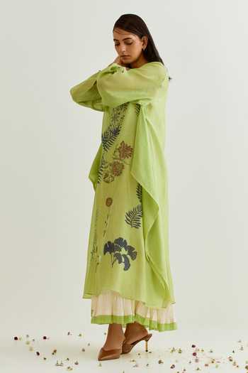 Buy_Prama By Pratima Pandey_Green Chanderi Embroidery Round Neck Floral Print Dress With Inner _Online_at_Aza_Fashions