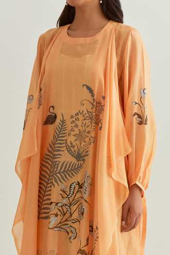 Prama By Pratima Pandey_Orange Chanderi Embroidery Round Neck Floral Print Dress With Inner _Online_at_Aza_Fashions