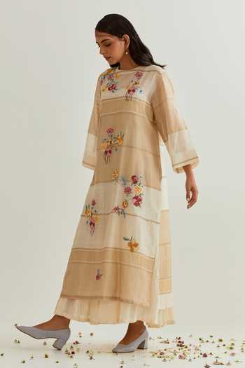 Buy_Prama By Pratima Pandey_Beige Chanderi Embroidery Round Neck Floral Block Print Dress With Inner _Online_at_Aza_Fashions